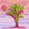 Areca palm Dypsis lutescens tree on the beach, pink sunset on cloudy sky, watercolor painting, illustration design element