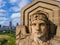 Areial view of face of Guardian of Traffic statue overlooking Cleveland\\\'s Downtown