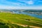 Areial view on vineyards and river near Ruedesheim am Rhein Rhine, Rudesheim, UNESCO World Heritage Site, Rheingau-Taunus-Kreis,