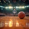 Arena anticipation Modern basketball arena with basketball ball in foreground