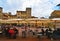 AREZZO, ITALY. Cityscape with Piazza Grande square in Arezzo with facade of old historical buildings and people relaxin