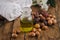 Argan fruits and oil