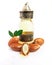 Argan oil in a oriental glass and metal bottle and argan nuts with green leaves isolated on white background.