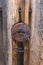 Arge antique wooden upholstered doors. The old door handle on a wooden door.