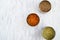 arge set of Indian spices and herbs. On a marble background, copy space