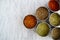 arge set of Indian spices and herbs. On a marble background, copy space