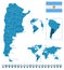 Argentina - detailed blue country map with cities, regions, location on world map and globe. Infographic icons