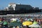 ARGENTINA-MAR DEL PLATA tourist city of modern buildings with the beach with tourists and the Atlantic Ocean