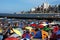 ARGENTINA-MAR DEL PLATA tourist city of modern buildings with the beach with tourists and the Atlantic Ocean