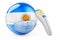 Argentinean flag with medical mask and infrared electronic thermometer. Pandemic in Argentina concept, 3D rendering