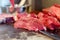 Argentinean raw beef steak meat is cut, sliced