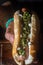 Argentinian choripan. bbq hot dog witch chimichurri sauce and Italian bread