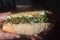 Argentinian choripan. bbq hot dog witch chimichurri sauce and Italian bread