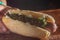 Argentinian choripan. bbq hot dog witch chimichurri sauce and Italian bread