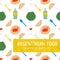 Argentinian typical food style seamless pattern with wine, glass of wine, empanadas, meat and mate in bright colors