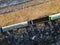 Ð¡argo trains. Wagons with goods on railroad. Heavy industry. Industrial conceptual scene. Aerial. Top view. Vintage style