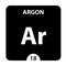 Argon symbol. Sign Argon with atomic number and atomic weight. Ar Chemical element of the periodic table on a glossy white