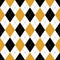 Argyle pattern seamless in black, yellow, white. Classic stitched rhombus diamond plaid background for socks, sweater, jumper.