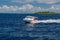 Ari Atoll, Maldives - December 17, 2015: Tourist speedboat fast cruising in the sea at Maldives, Indian Ocean