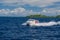 Ari Atoll, Maldives - December 17, 2015: Tourist speedboat fast cruising in the sea at Maldives, Indian Ocean