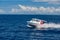 Ari Atoll, Maldives - December 17, 2015: Tourist speedboat fast cruising in the sea at Maldives, Indian Ocean