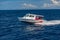 Ari Atoll, Maldives - December 17, 2015: Tourist speedboat fast cruising in the sea at Maldives, Indian Ocean