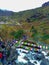 Arial shot of people enjoying the beautiful view surrounded by mountains and water falls at Sikkim,India on 14 October 2017