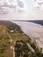 Arial view over the river and small village in autumn. Moldova republic of. Molovata village