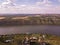 Arial view over the river and small village in autumn. Moldova republic of. Molovata village