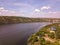 Arial view over the river and small village in autumn. Moldova republic of. Molovata village