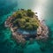 Arial view of a small island in the ocean with green trees and beautiful beaches and bays,