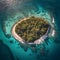 Arial view of small island in ocean with green trees and beautiful beaches and bays,