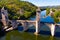 Arial view of Valentre bridge across Lot River in Cahors, France