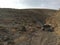 Arid apocalyptic wasteland with the remains of an abandoned car