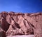 arid desert mountains, jurassic park, tertiary geological forms, jujuy arid argentina, no people, rocks, blue sky