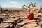Arid landscape apple on cracked soil depicts food insecurity, water shortage, agricultural crisis