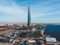 Ariel view panorama of the city from a bird`s eye view, modern skyscraper on the background and Expressway. 25.10.2019 Russia, St