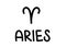 Aries. Handwritten name and icon of sign of zodiac. Modern marker. Black vector text isolated on white background.