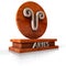 Aries zodiac sign. 3D illustration of the zodiac sign Aries made of stone on a wooden stand with the name of the sign at the base.