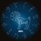 Aries zodiac sign in astrological circle with zodiac constellations, horoscope. Blue and white design