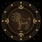 Aries zodiac sign, astrological horoscope sign in a mystical circle with moon, sun and stars. Golden design vector