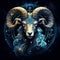 Aries zodiac sign, illustration. Ram head closeup, vibrant portrait. Beautiful art of an animal zodiac sign. Horoscope and