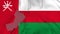 Arising map of Oman and waving flag of Oman in background, coat of arms.