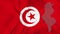 Arising map of Tunisia and waving flag of Tunisia with star and crescent in background.