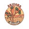 Arizona desert with joshua tree adventure round badge print design. Vintage contour vector illustration artwork