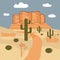Arizona desert. Landscape with a road, rocks and cacti. Flat style. Vector.