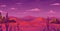 Arizona desert landscape. Sunset dusk. Mountains scenery. Cactus in hot prairie lands. Pink canyon game scene. African