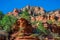 Arizona, Sedona, SlideRock state park, Oak Creek rock formations and mountain ridge