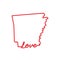 Arkansas US state red outline map with the handwritten LOVE word. Vector illustration
