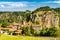 Arlempdes village with its castle on top of a basalt rock. Haute-Loire, France